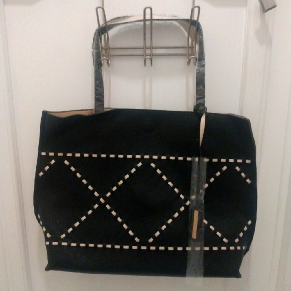 Street Level Y2K Reversible Black Beige Leather Tote Bag